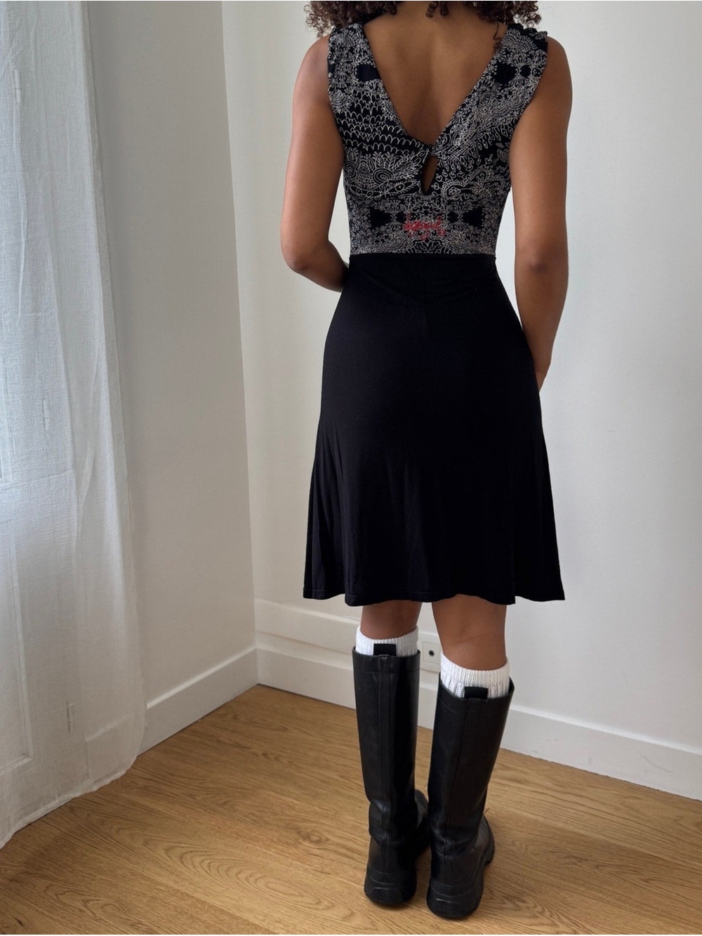 Desigual Black Mini Dress with Pink Floral Border and Silver Lace Bodice - Picture 2 of 3